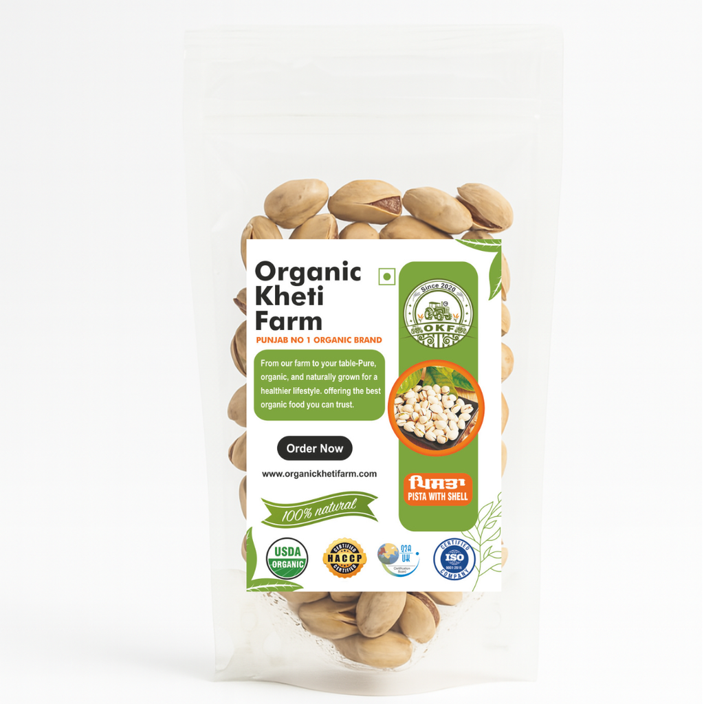 Close-up of organic pistachios with shell, showing natural, farm-fresh quality from Punjab