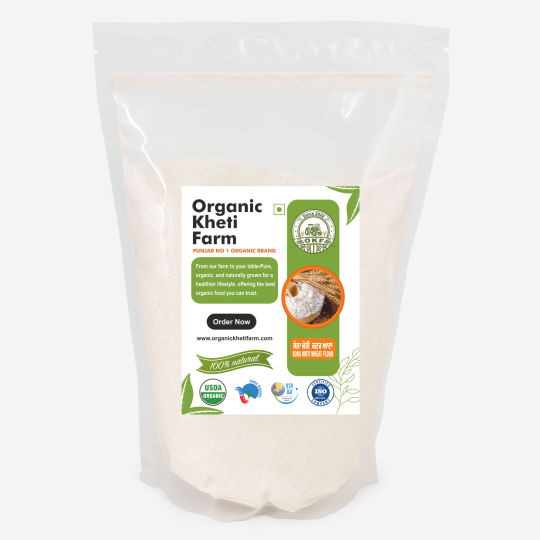 Close-up of organic Sona Moti wheat flour in a traditional Indian kitchen setting, highlighting freshness and authenticity