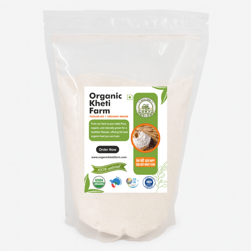 Close-up of organic Sona Moti wheat flour in a traditional Indian kitchen setting