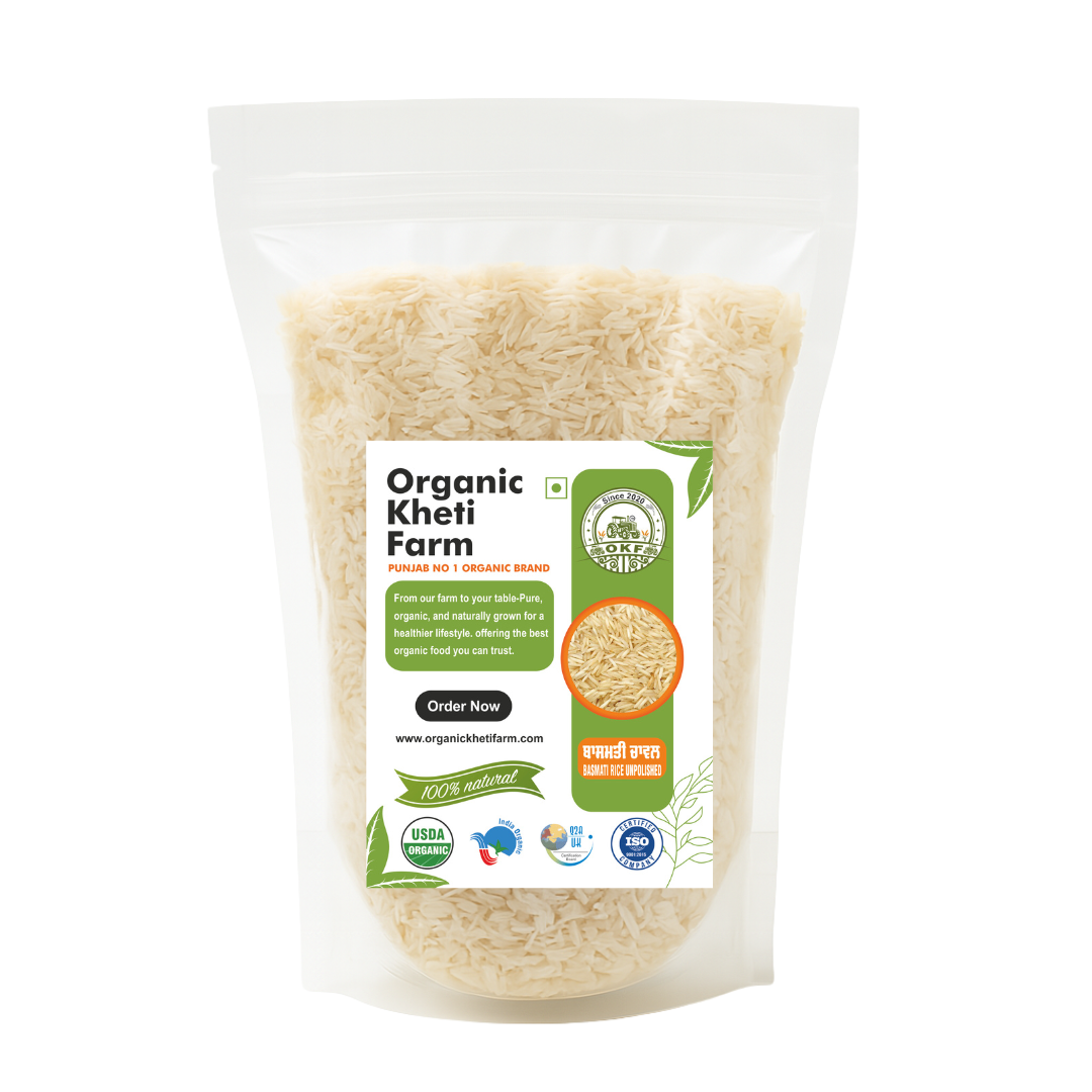 A bowl of aromatic organic Basmati rice from Punjab farm, showcasing long grains and natural texture