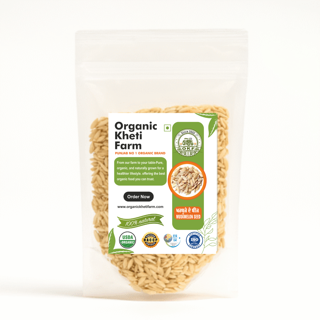 Close-up of crunchy organic muskmelon seeds from Punjab farm, showcasing natural, fresh, and unprocessed seeds for healthy snacking.