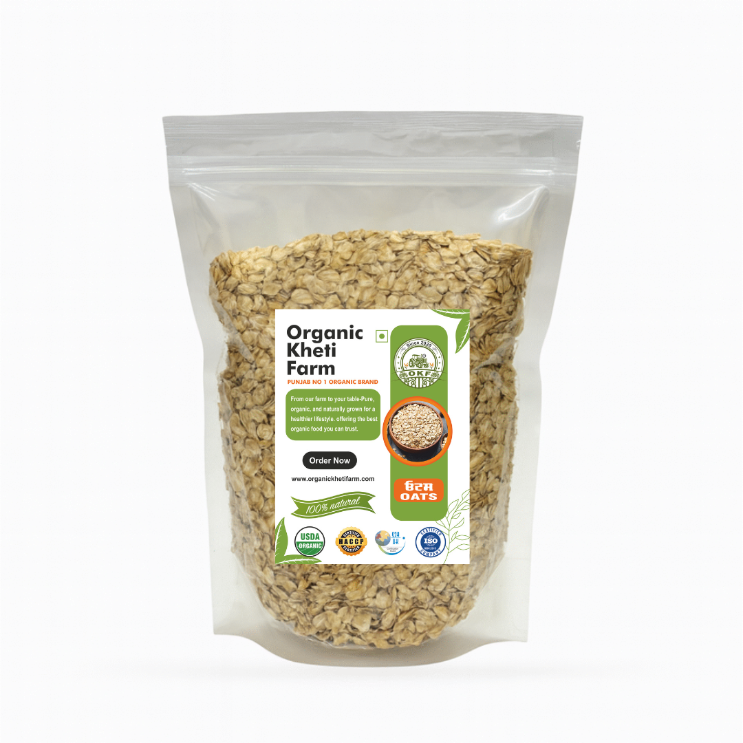 Organic Punjab farm fresh rolled oats in a bowl, highlighting natural, gluten-free, and healthy qualities for breakfast.