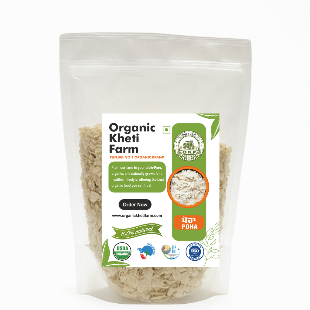 Organic white poha flat rice flakes from Punjab, sun-dried and natural, ready for healthy Indian breakfast recipes