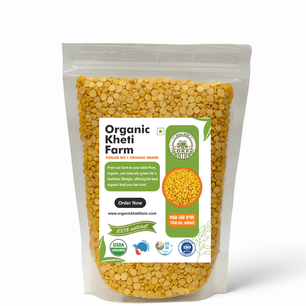 Close-up of organic Toor Dal grains from Punjab farm, showcasing natural, unpolished lentils for healthy cooking