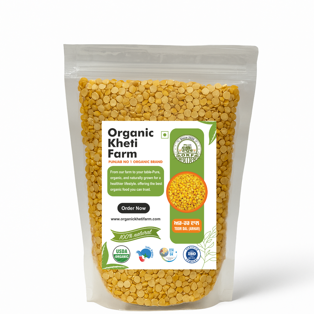 Close-up of organic Toor Dal grains from Punjab farm, showcasing natural, unpolished lentils for healthy cooking