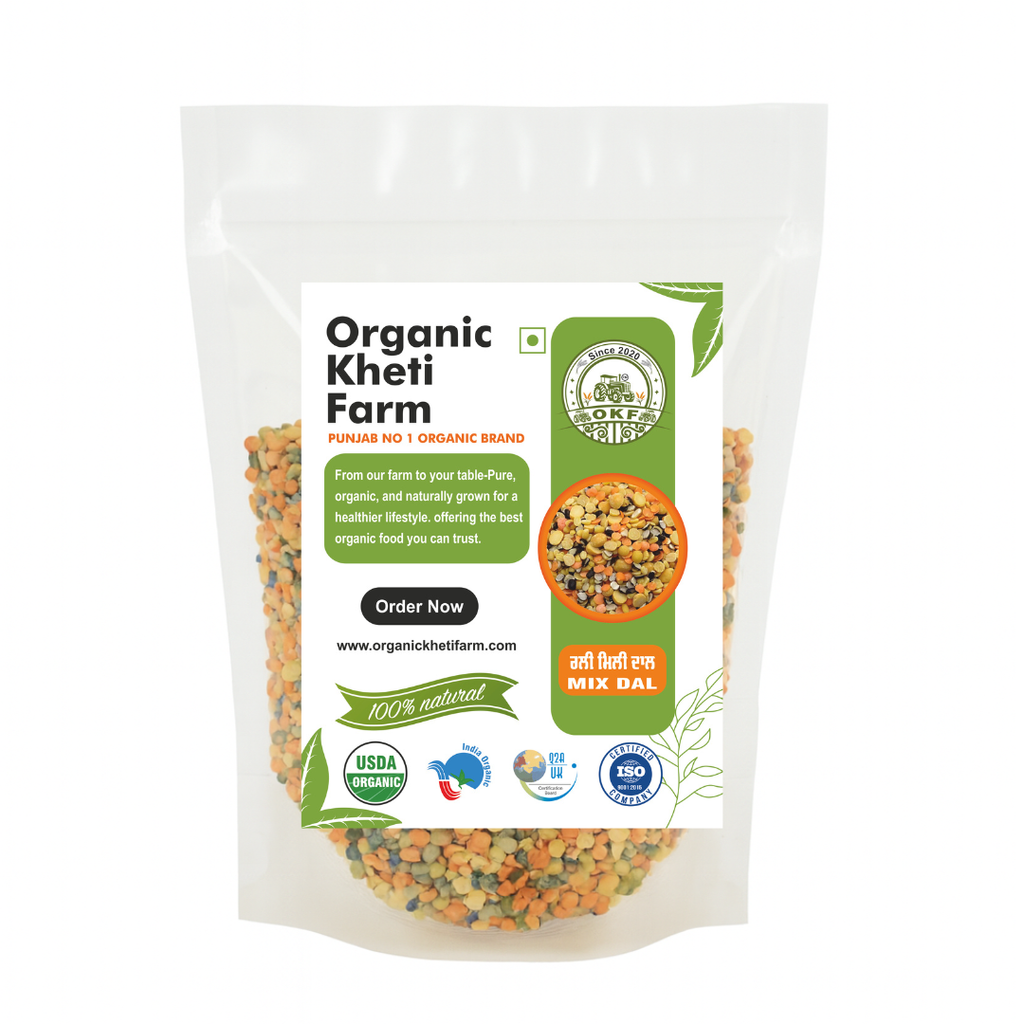 Organic mix dal from Punjab farm, showing a colorful blend of pulses in a traditional bowl