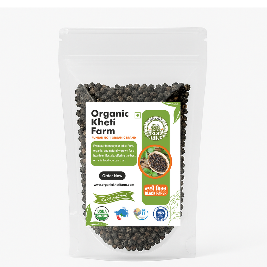 Close-up of whole organic black peppercorns from Punjab farm, highlighting their rich color and natural texture for authentic flavor.