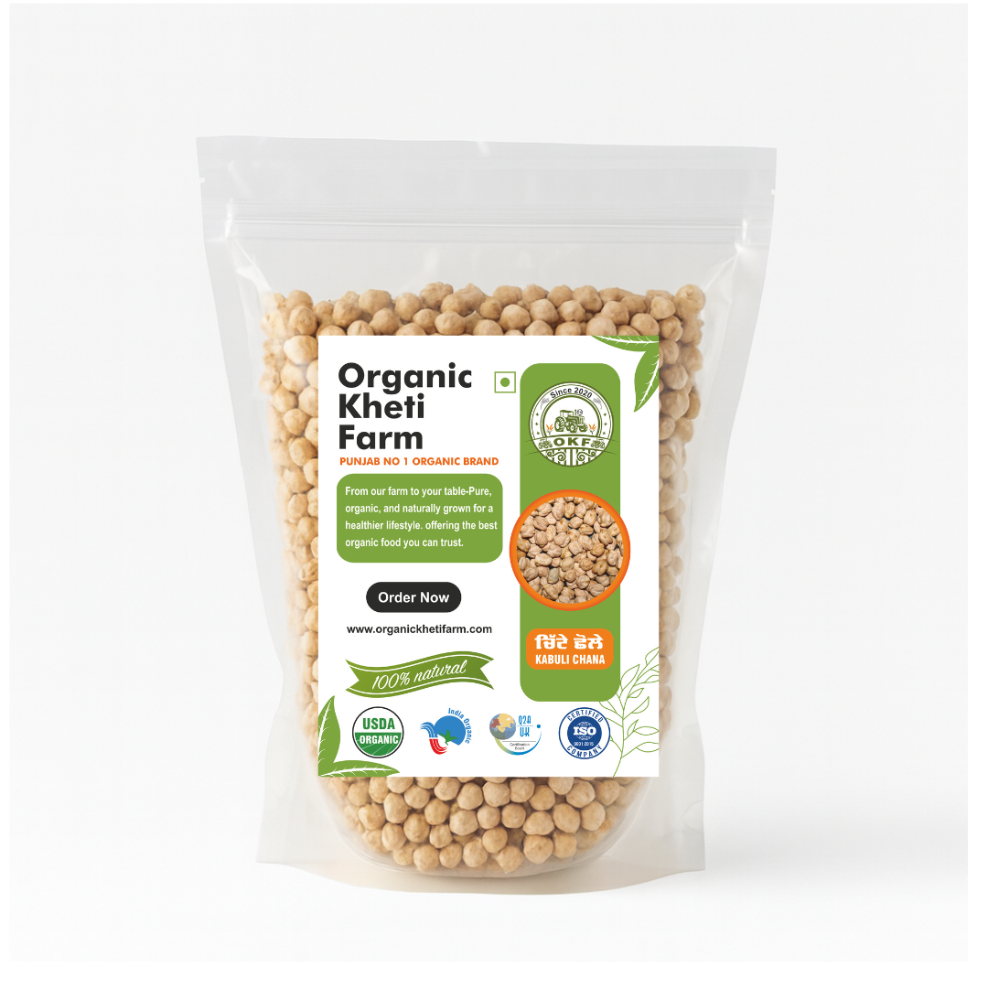 Close-up of organic Kabuli Chana chickpeas from Punjab farm, highlighting natural, unpolished quality and farm freshness.