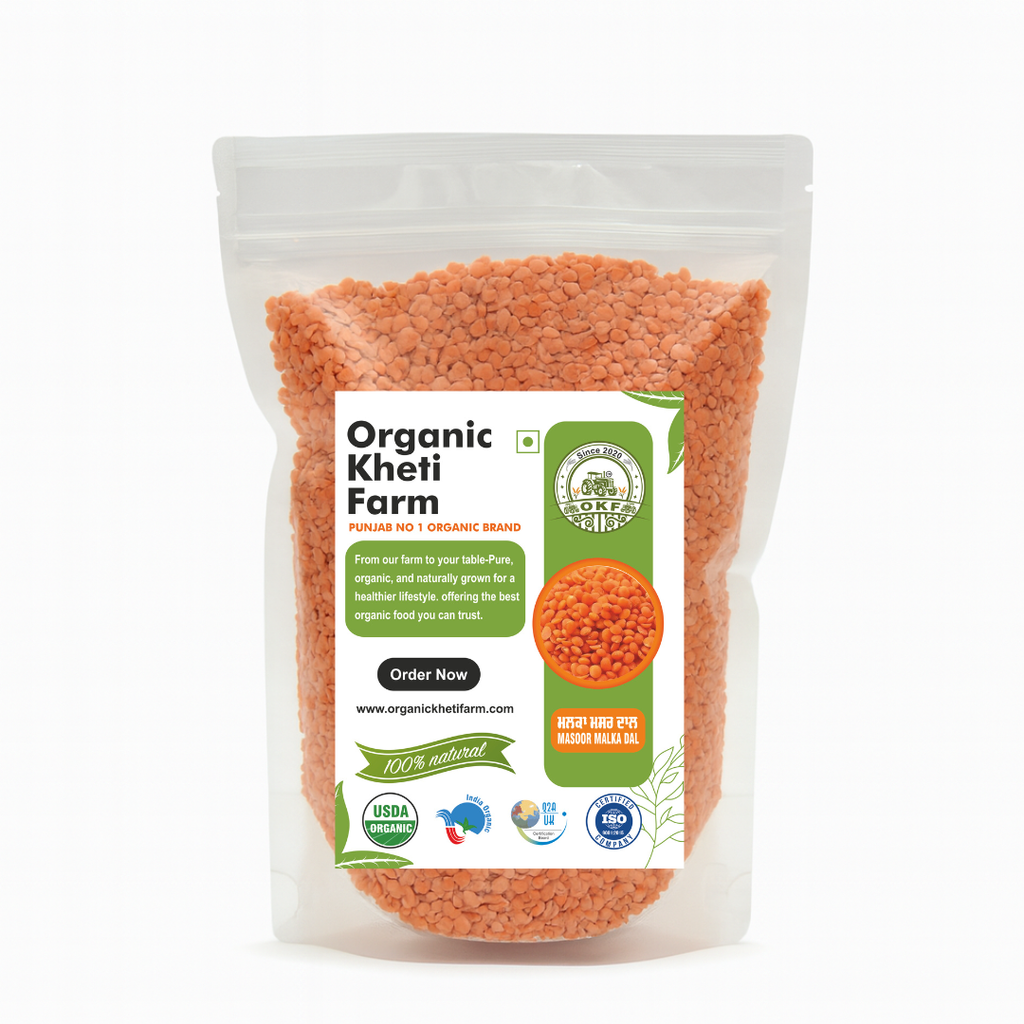Close-up of vibrant red organic Masoor Malka Dal split lentils from Punjab farm, showcasing natural, unpolished grains for healthy cooking.