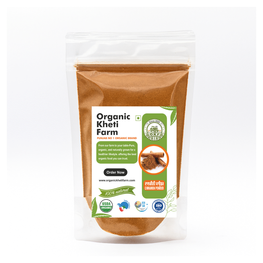 Close-up of organic cinnamon powder in a glass jar with farm background, highlighting natural and fresh quality