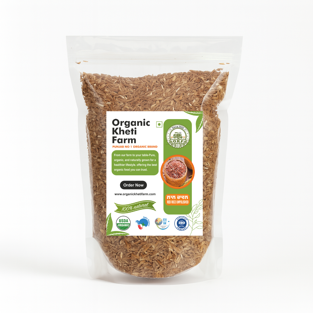 Close-up of organic red rice grains showing natural unpolished texture, rich color, farm-fresh quality from Punjab.