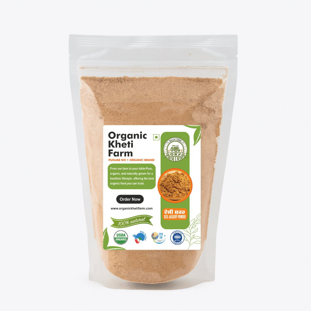 Organic desi jaggery powder in a traditional Indian bowl, showcasing natural, farm-fresh quality from Punjab