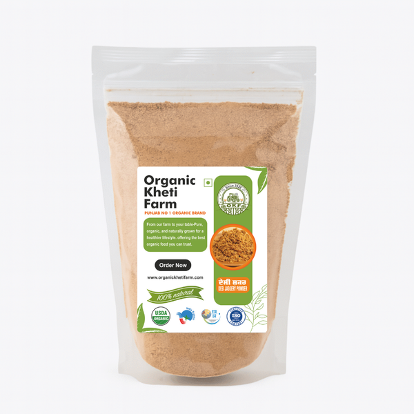Organic desi jaggery powder in a traditional Indian bowl, showcasing natural, farm-fresh quality from Punjab