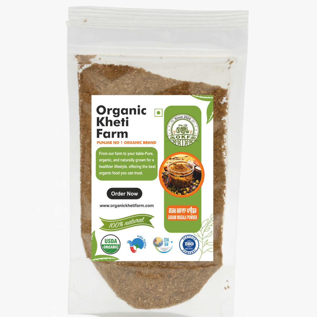 Close-up of organic Garam Masala powder in traditional spice jar from Punjab farm