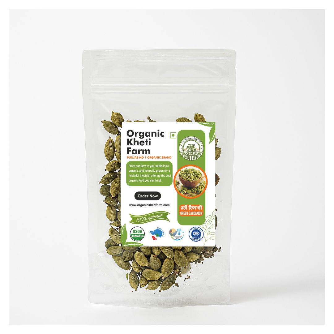 Close-up of green cardamom pods from Punjab farm, showcasing fresh, aromatic whole elaichi for cooking and health benefits