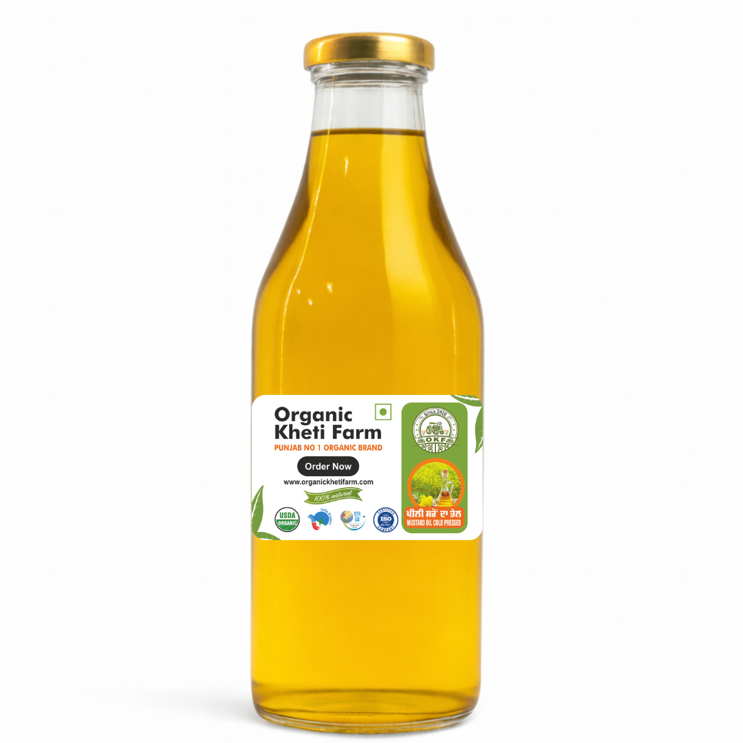 Close-up of organic yellow mustard seeds being cold-pressed into pure mustard oil from Punjab farm
