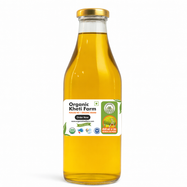 Close-up of organic yellow mustard seeds being cold-pressed into pure mustard oil from Punjab farm