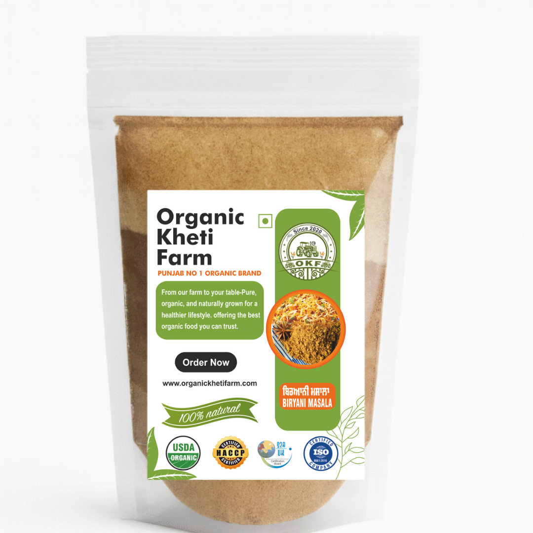 A bowl of organic Punjab farm fresh biryani masala with aromatic spices and herbs, showcasing the authentic blend used in Indian cooking.