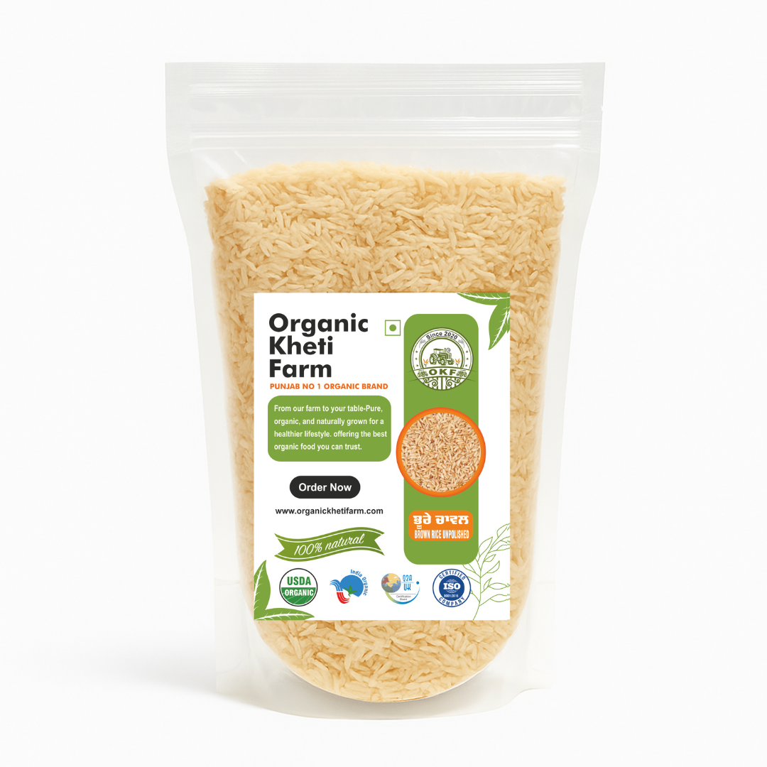 Close-up of organic unpolished brown rice grains from Punjab farm, showcasing natural texture and color