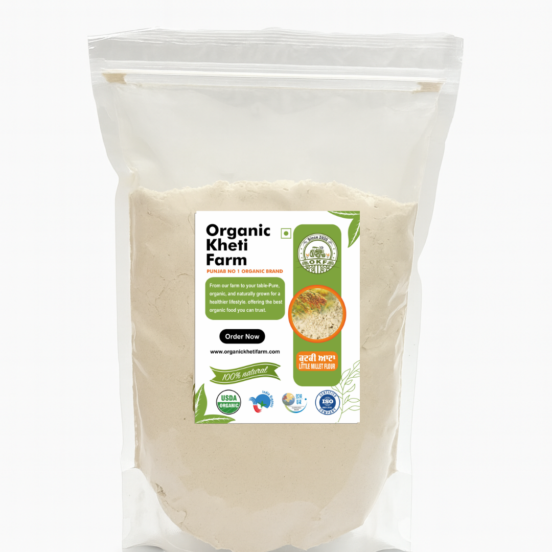 Organic Punjab farm-grown barnyard millet flour in a traditional grinding stone with fresh millet grains around