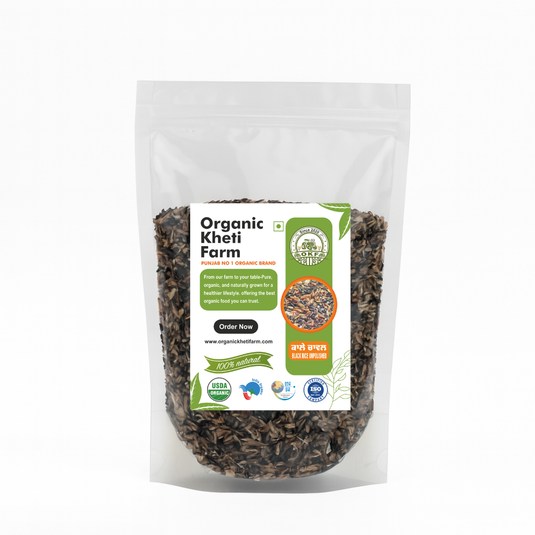 Close-up of organic black rice grains showing their deep purple-black color and natural unpolished texture for healthy eating