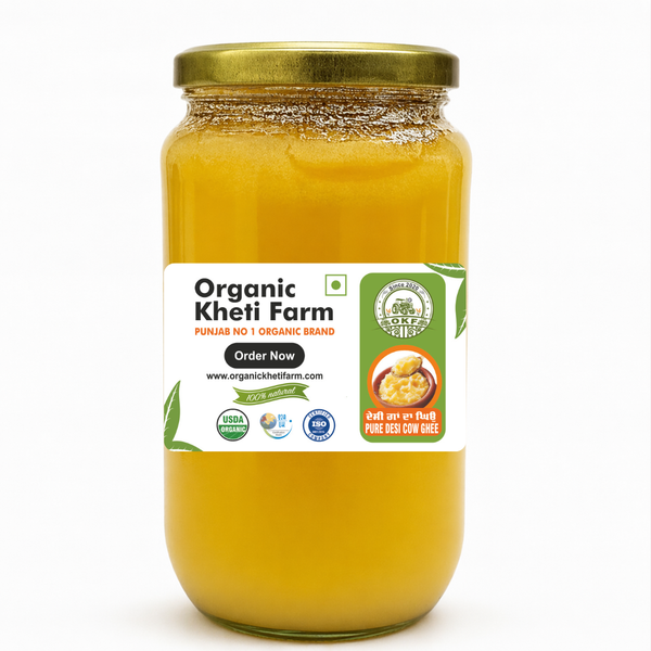 Golden jar of organic desi cow ghee from Punjab farm, showcasing purity and traditional packaging