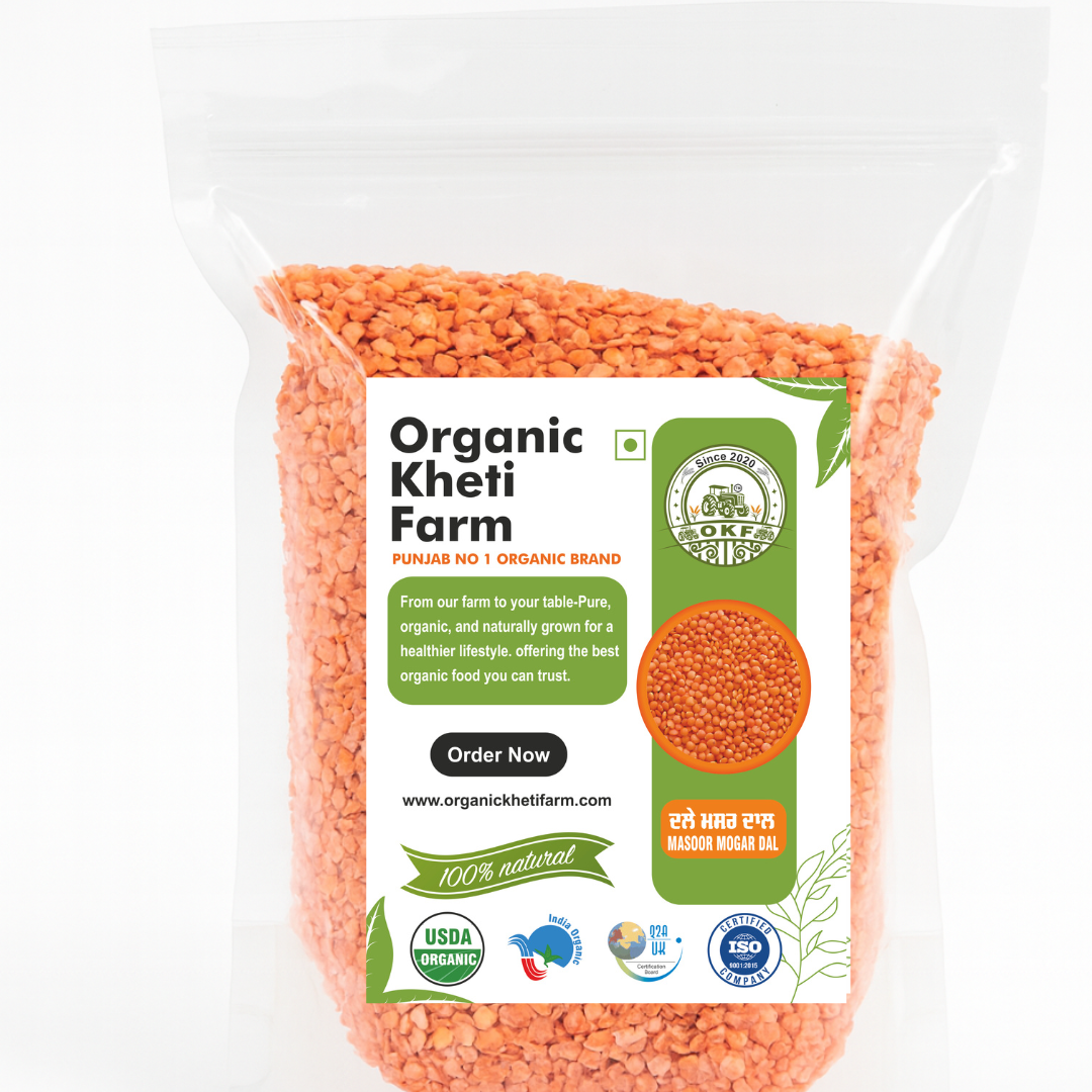Close-up of organic red Masoor Mogar Dal from Punjab, showing unpolished, vibrant red lentils in a bowl