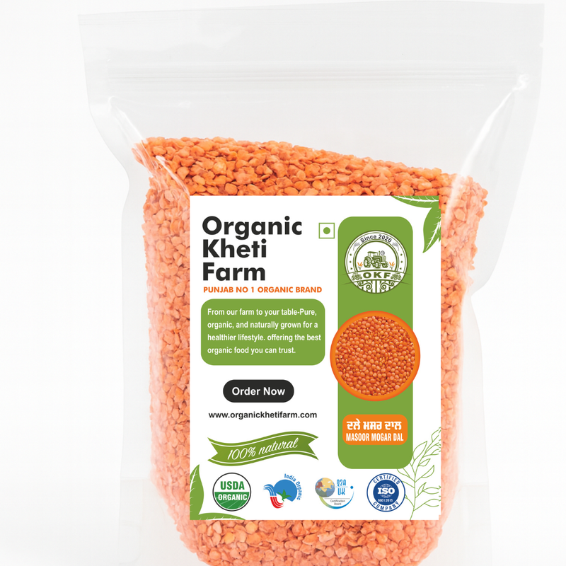 Close-up of organic red Masoor Mogar Dal from Punjab, showing unpolished, vibrant red lentils in a bowl