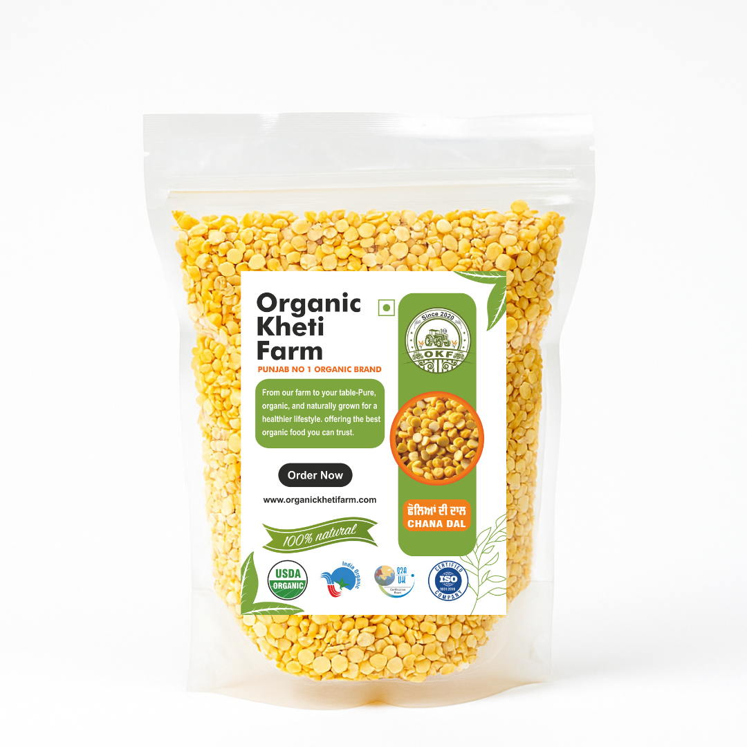 Close-up of organic chana dal split Bengal gram from Punjab farm, showing its natural, unpolished texture and rich color