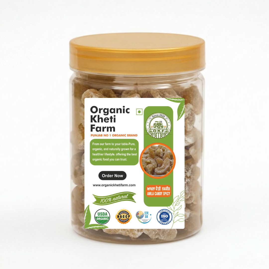 Spicy organic amla candy made from sun-dried Indian gooseberries coated with jaggery, sourced directly from Punjab farm, natural and chemical-free