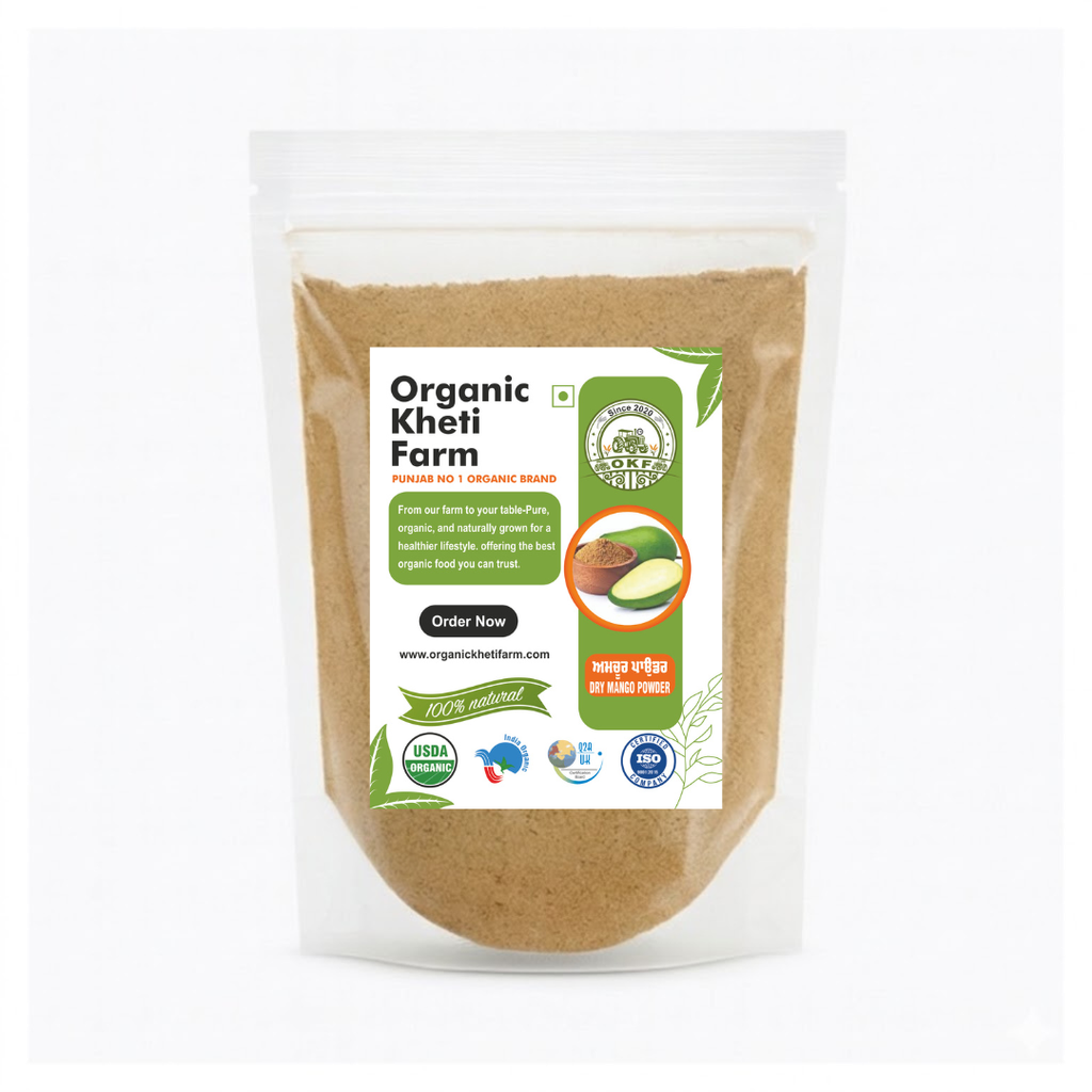 Close-up of organic dry mango powder in a rustic bowl, highlighting natural, farm-fresh Punjab origin