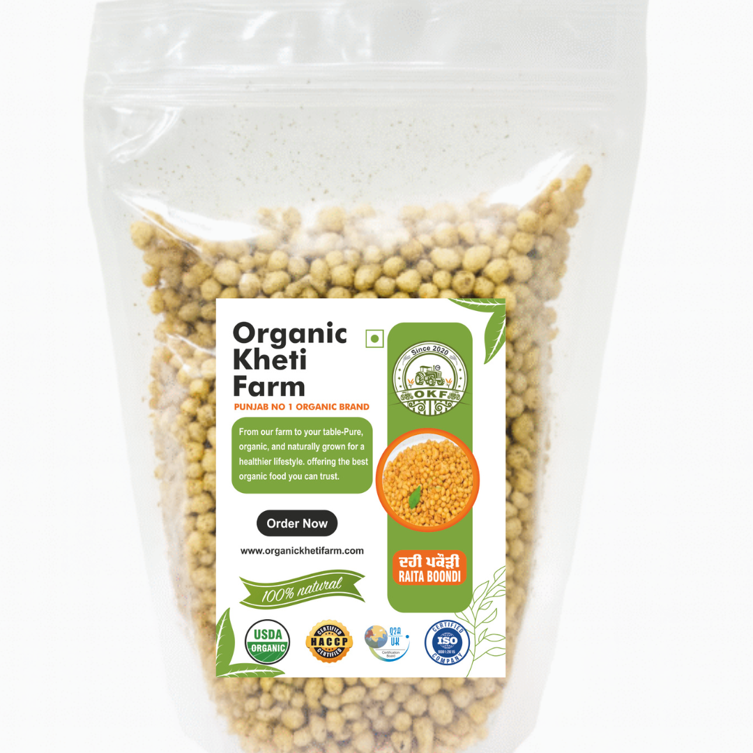 Golden crunchy boondi raita made from organic gram flour, Punjab farm fresh, natural and hygienic snack for everyday use