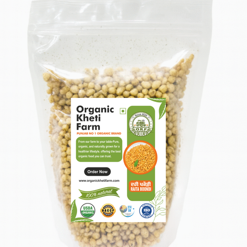 Golden crunchy boondi raita made from organic gram flour, Punjab farm fresh, natural and hygienic snack for everyday use