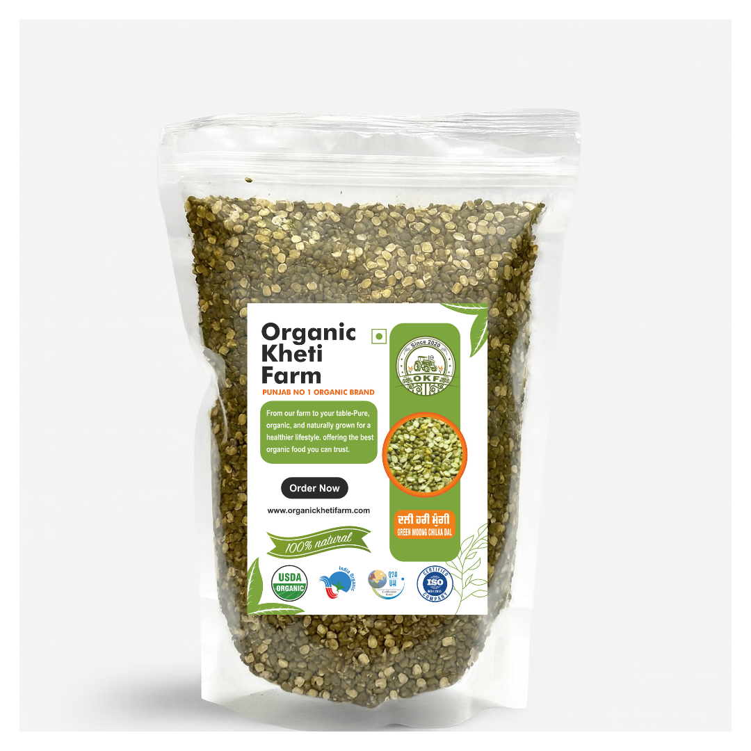 Close-up of organic green moong chilka dal in a rustic bowl, highlighting its natural, unpolished texture from Punjab farm.