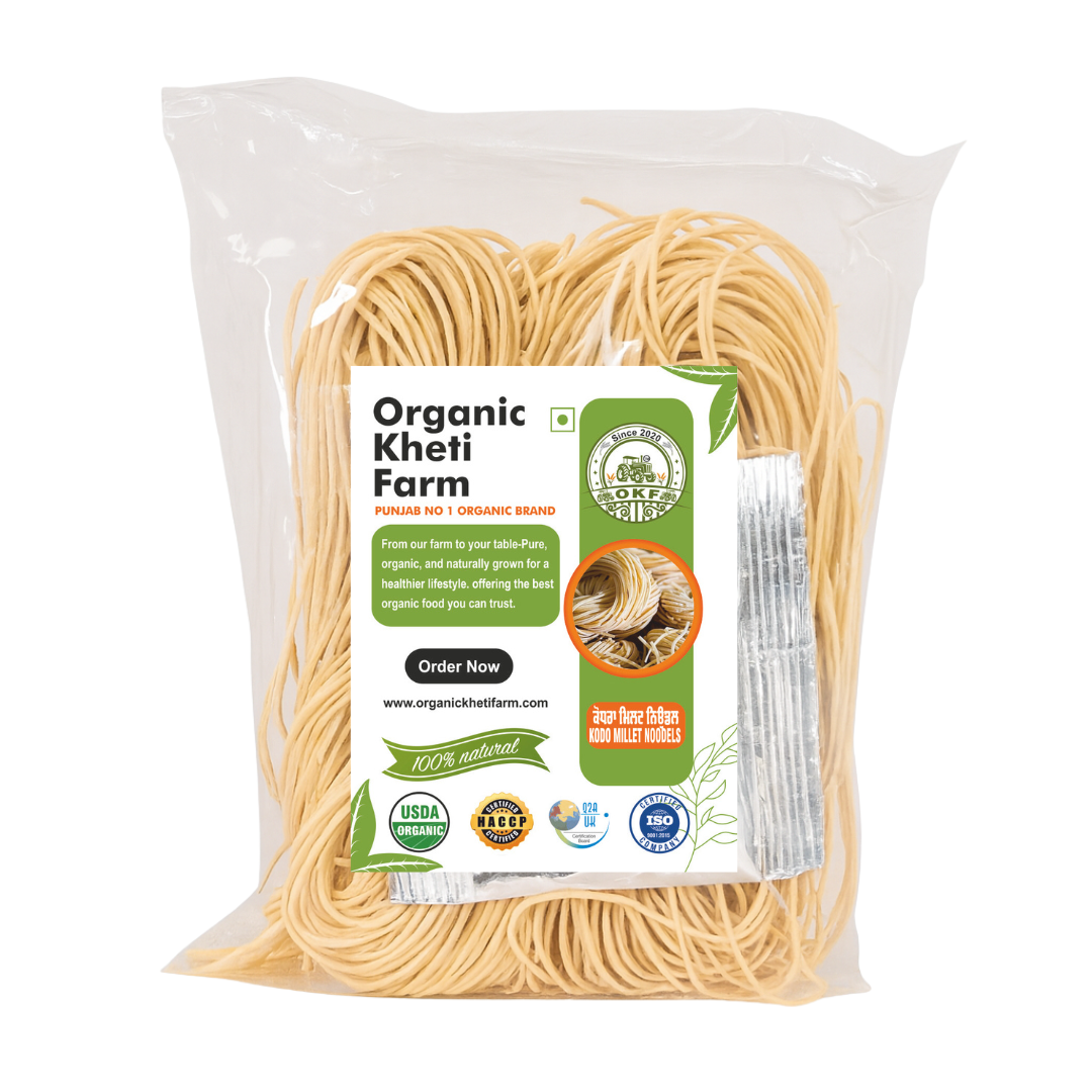 Organic Kodo Millet Noodles made from farm-fresh unpolished millet grains, showcasing natural, healthy Indian food product from Punjab farm