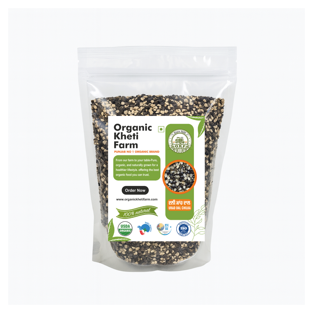 Organic Urad Dal Chilka split black gram sourced from Punjab farm, natural, unpolished, and chemical-free for healthy cooking