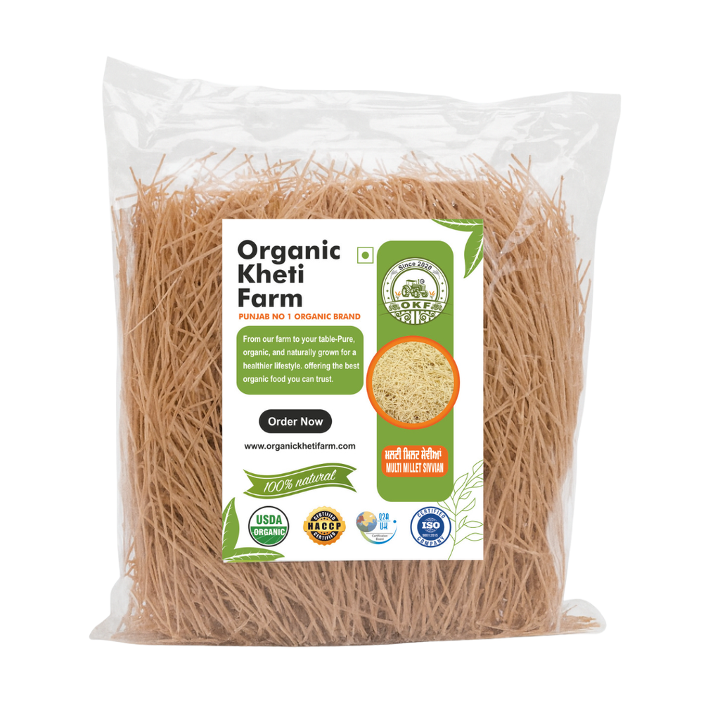 Close-up of organic millet vermicelli made from farm-fresh Punjab millets, showcasing its natural texture and quality for healthy cooking.