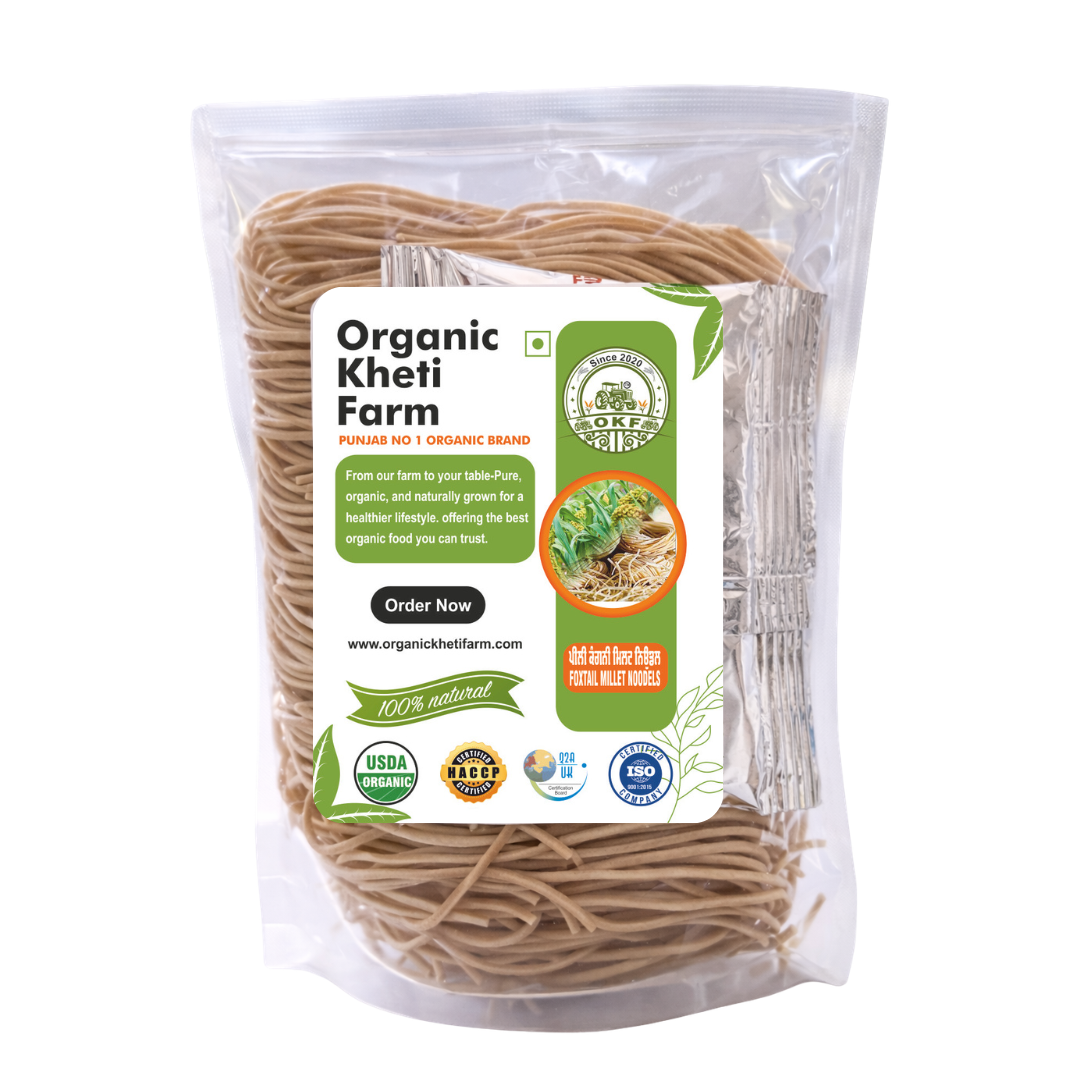 Organic Punjab farm fresh Ragi Noodles made from whole grain finger millet, healthy and gluten-free, packed in eco-friendly packaging for Indian households.