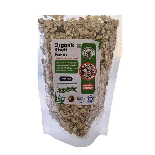 Close-up of organic dry fruit oats with dry fruits and oats in a bowl, highlighting farm freshness and natural ingredients