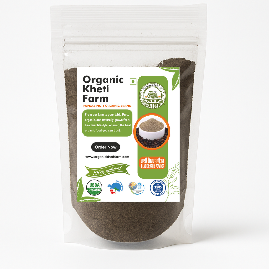 Close-up image of organic black pepper powder in a rustic bowl, highlighting freshness and authenticity from Punjab farm
