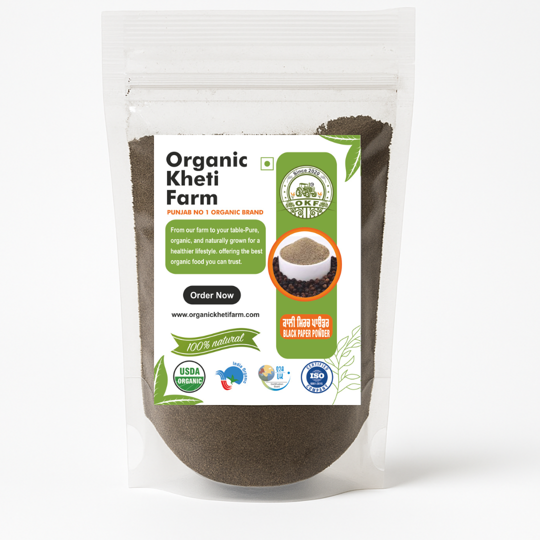 Close-up image of organic black pepper powder in a rustic bowl, highlighting freshness and authenticity from Punjab farm