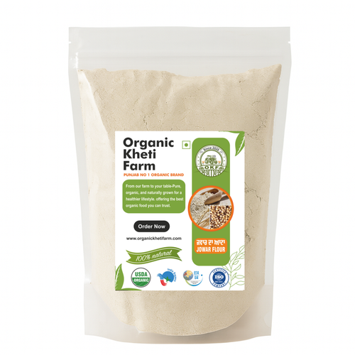 Close-up of organic Punjab-grown Jowar flour in a rustic bowl, highlighting its natural texture and purity for healthy cooking