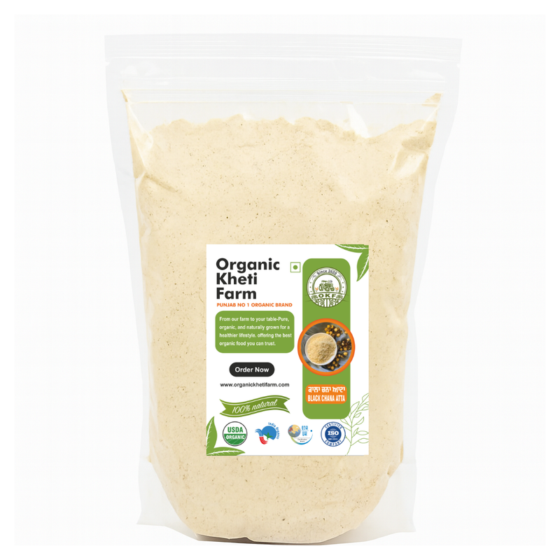 Close-up of organic black chana atta flour in a traditional bowl