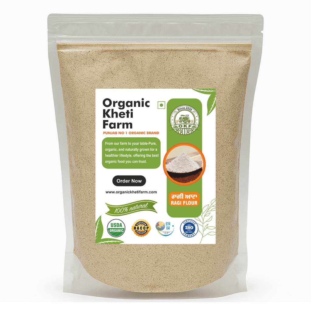 Pakistani farm-fresh organic ragi flour in a traditional bowl, highlighting natural and authentic Punjab origin