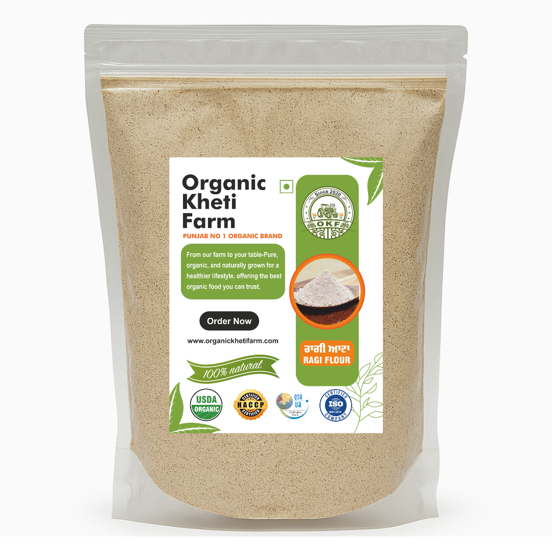 Pakistani farm-fresh organic ragi flour in a traditional bowl, highlighting natural and authentic Punjab origin