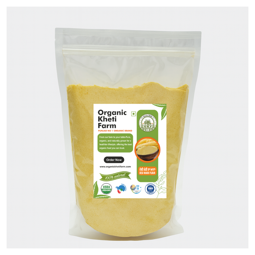 Yellow organic corn flour in a traditional Punjabi kitchen setting, highlighting farm-fresh quality and natural ingredients.