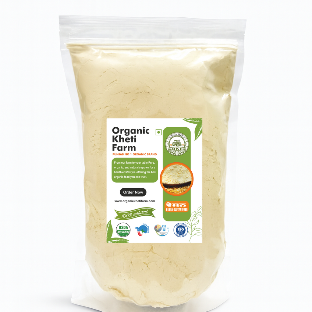 Farm-fresh organic gluten-free besan made from Punjab chana dal, stone-ground and packaged hygienically for healthy cooking