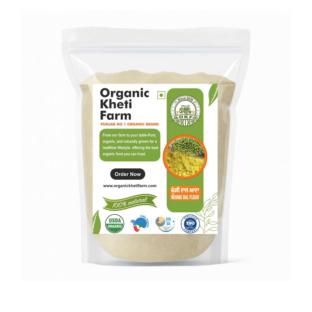 Close-up of organic moong dal flour in a bowl, showing its fine texture and natural color from Punjab farm source