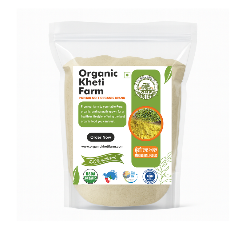 Close-up of organic moong dal flour in a bowl, showing its fine texture and natural color from Punjab farm source