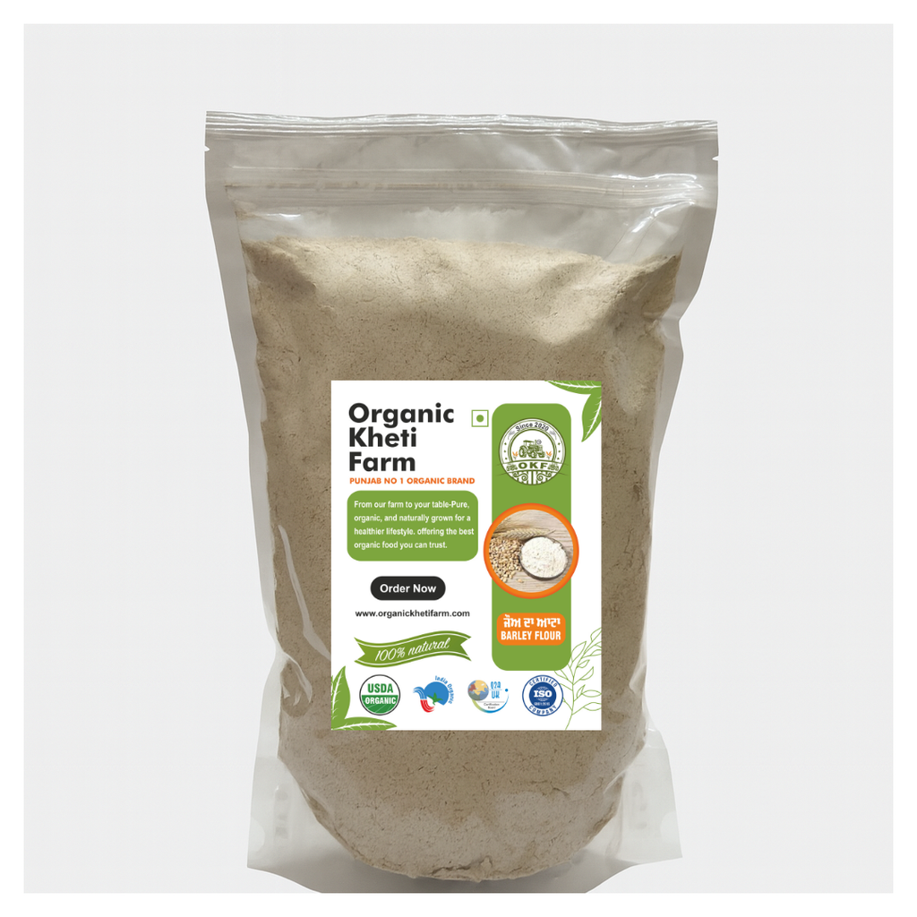Close-up of organic barley flour in a traditional stone grinder with Punjab farm background